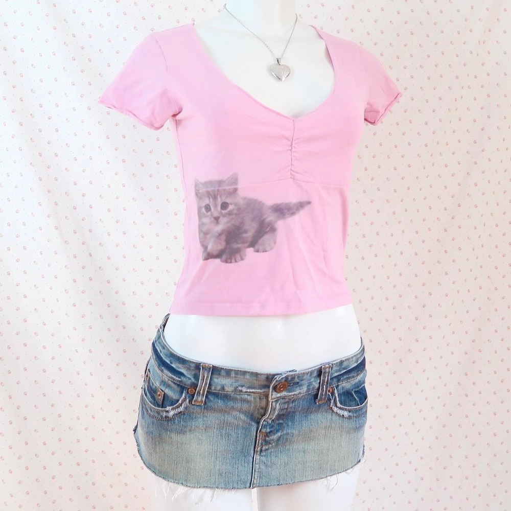 Y2K Pink Kitten Graphic Baby Tee Ruched Crop Top